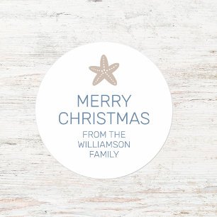 Sticker Rond Merry Christmas Starfish Minimal Famille Blanc