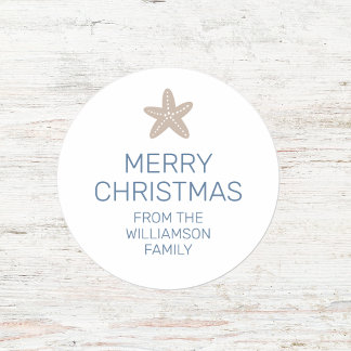 Sticker Rond Merry Christmas Starfish Minimal Famille Blanc