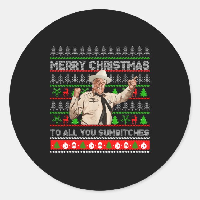 Sticker Rond Merry Christmas To All You Sumes Ugly Sweater Retr (Devant)