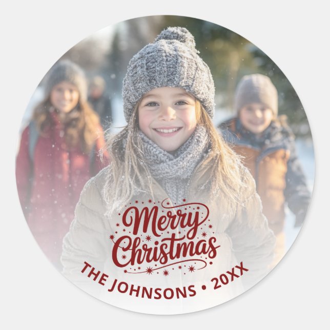 Sticker Rond Merry Christmas Typography Gradient Photo Card (Devant)