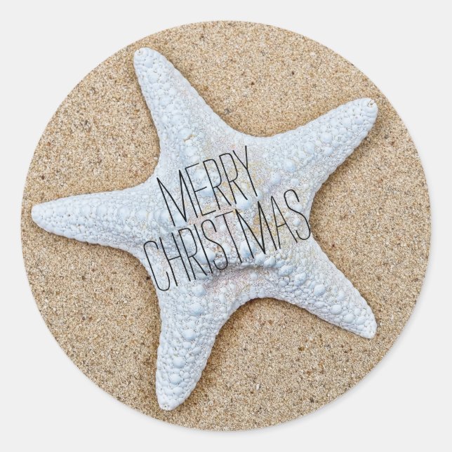 Sticker Rond Merry Christmas White Starfish à la plage (Devant)