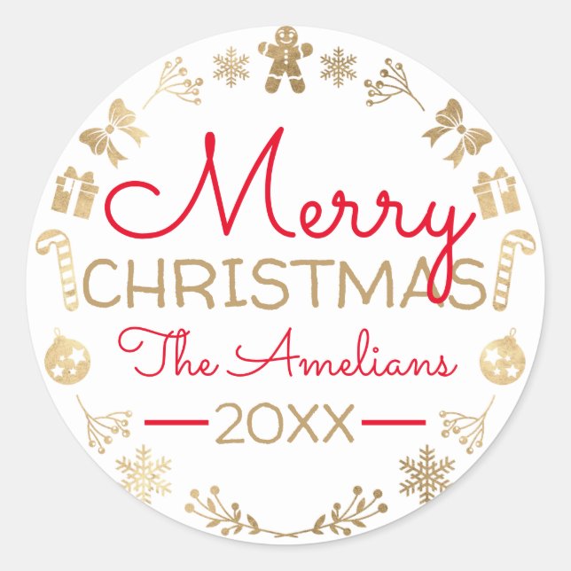 Sticker Rond Merry Christmas Wreath Gold Red Name Cottage Blanc (Devant)