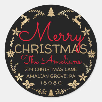 Sticker Rond Merry Christmas Wreath Gold Russe RSVP Black