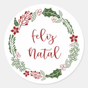Sticker Rond Merry Christmas Wreath portugais, Feliz Natal