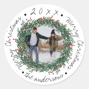 Sticker Rond Merry Christmas Wreath Red Berries Name Photo