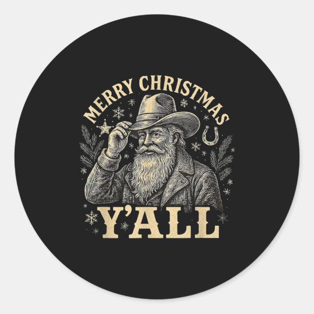 Sticker Rond Merry Christmas Y’all Cowboy Western Santa Tee  (Devant)
