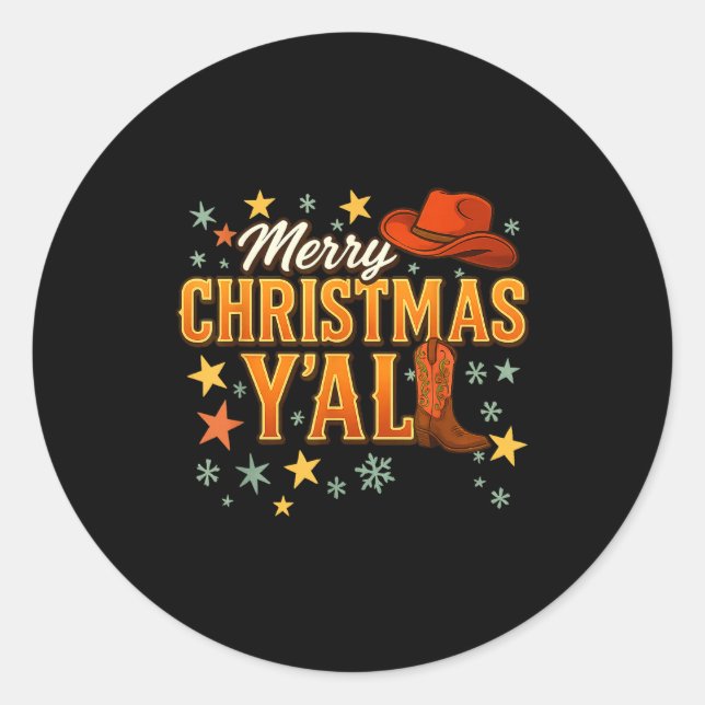 Sticker Rond Merry Christmas Y’all Western Cowboy Cowgirl Boot  (Devant)