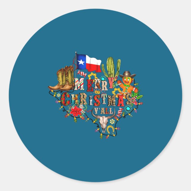 Sticker Rond Merry Christmas Y'all Texas Map Santa Hat Mens Wom (Devant)