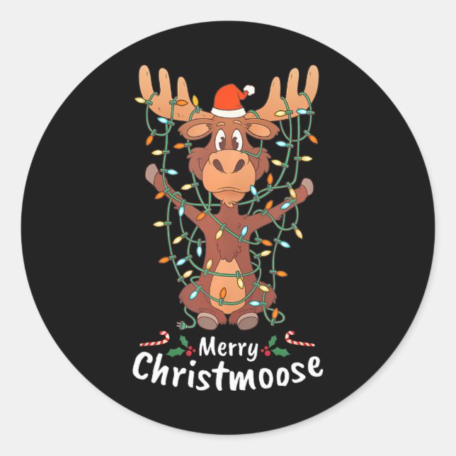 Sticker Rond Merry Christmoose Christmas Moose Xmas Tree Lights (Devant)