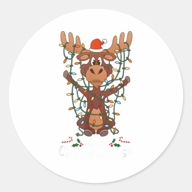Sticker Rond Merry Christmoose Christmas Mooses Xmas Tree Light (Devant)