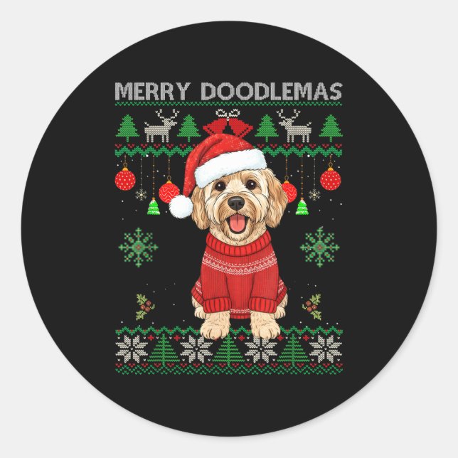 Sticker Rond Merry Doodlemas Goldendoodle Wearing Ugly Christma (Devant)