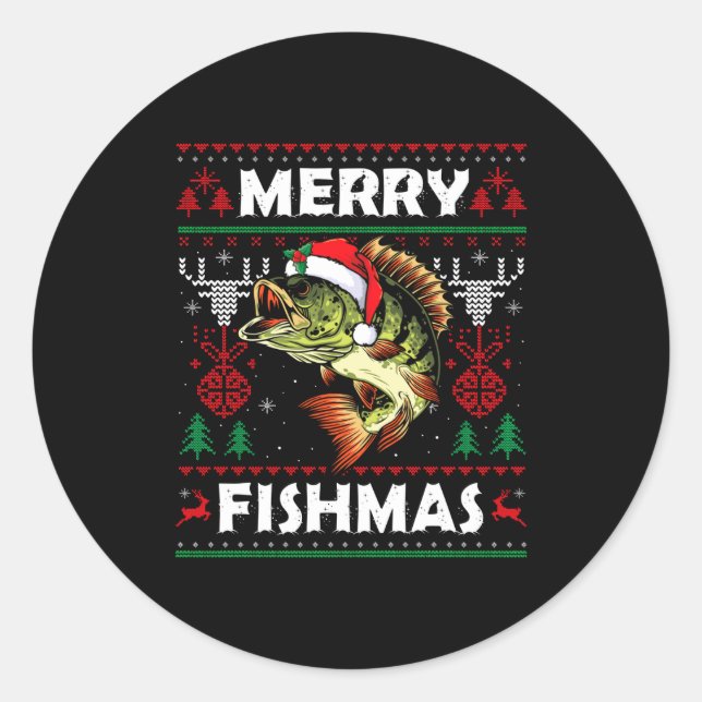 Sticker Rond Merry Fishmas B Fish Fishing Christmas Ugly Sweate (Devant)