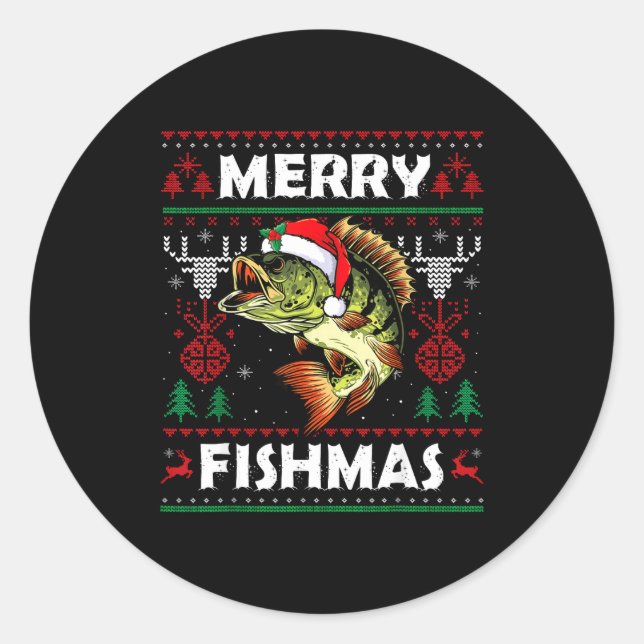 Sticker Rond Merry Fishmas B Fish Fishing Christmas Ugly Sweate (Devant)
