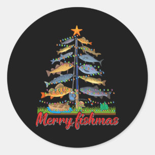 Sticker Rond Merry Fishmas Funny Fisher Christmas Tree Fishing
