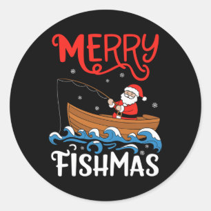 Sticker Rond Merry Fishmas Funny Noël Père Noël Pêche