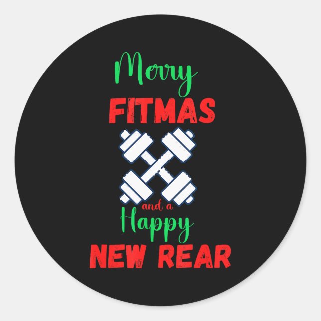 Sticker Rond Merry Fitmas And Happy New Rear Fitness Funny Xmas (Devant)