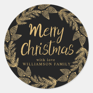 Sticker Rond Merry Gold Wreath Black Enveloppe Sceau