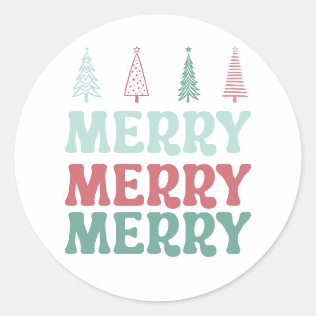 Sticker Rond Merry Merry Merry with Pastel Boho Christmas Trees (Devant)