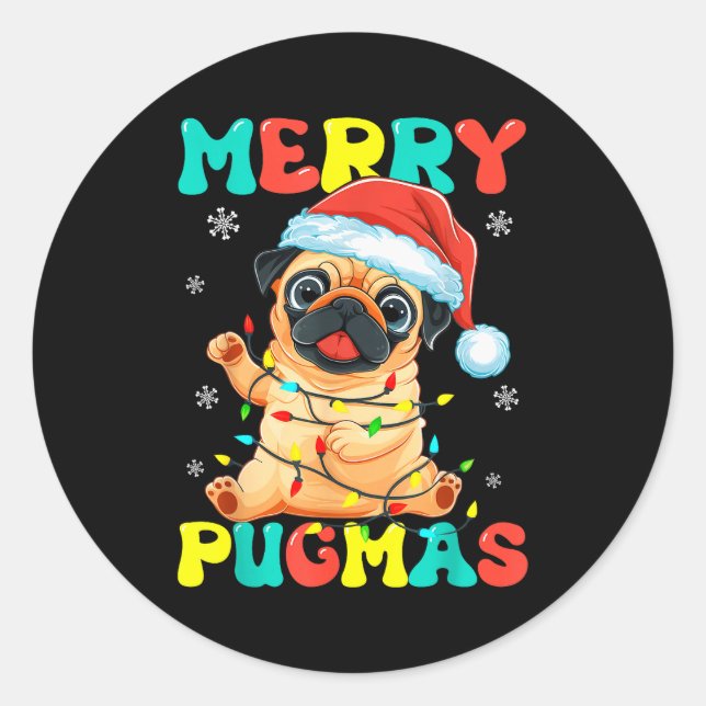 Sticker Rond Merry Pugmas Pug Christmas Santa Pug Xmas Lights D (Devant)