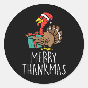 Sticker Rond Merry Thankmas Santa Turkey Day Thanksgiving