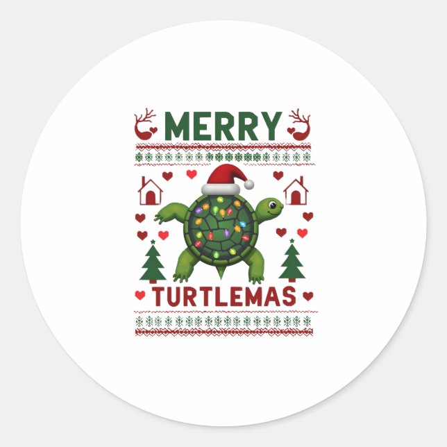 Sticker Rond Merry Turtlemas Christmas Lights Cute Turtle Santa (Devant)