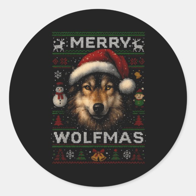 Sticker Rond Merry Wolfmas Merry Christmas Wolf Ugly Sweater Fu (Devant)