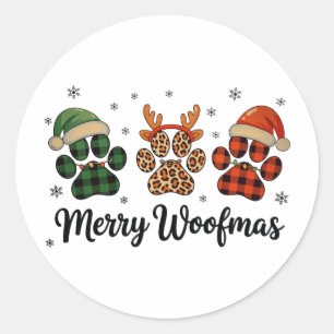 Sticker Rond Merry Woofmas Chien Paw Noël Mignons Lumières Noël