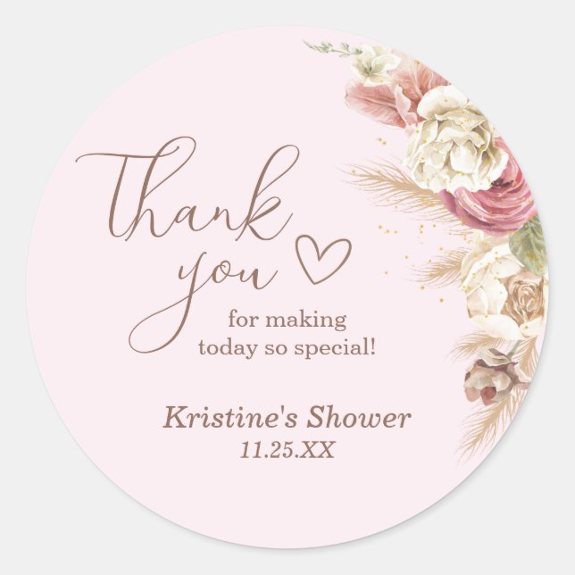 Sticker Rond Message de Merci de Baby shower rose Boho Floral (Devant)