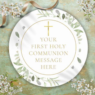 Sticker Rond Message de Première Sainte Communion Greenery Gold
