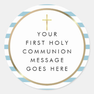 Sticker Rond Message de Sainte Communion Croix dorée Rayure ble
