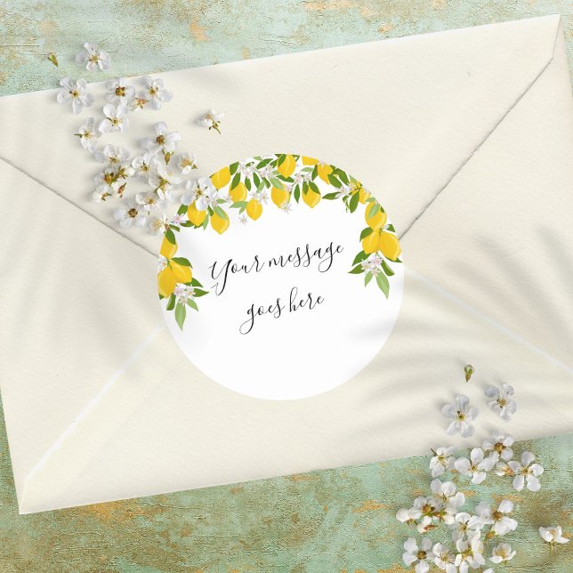 Sticker Rond Message de script élégant Citrons Floraison Verdur (Elegant Script Message Lemons Blossom Greenery Classic Round Sticker)