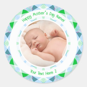 Sticker Rond Message Photo Personnalisé Bleu Vert Fête des Mère