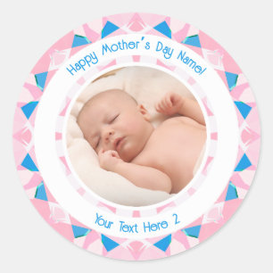 Sticker Rond Message Photo Personnalisé Rose Bleu Fête des Mère