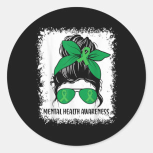 Sticker Rond Messy Bun Mental Health S Awareness Green Ribbon _