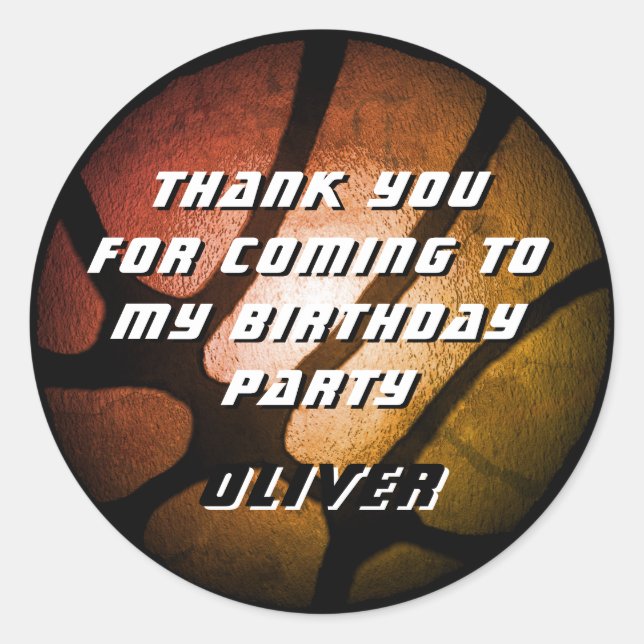 Sticker Rond Metallo Orange Basketball Ball Merci Anniversaire (Devant)