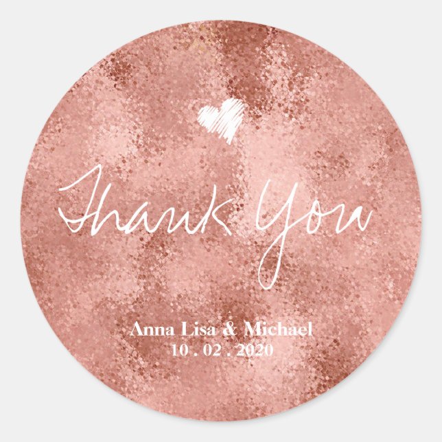 Sticker Rond Métallurgique Faux Rose Mariage or Merci (Devant)