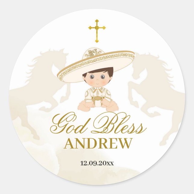 Sticker Rond Mexicain Boy Gold White Horse Charro Baptême (Devant)