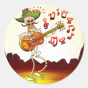 Sticker Rond Mexican Skeleton Playing