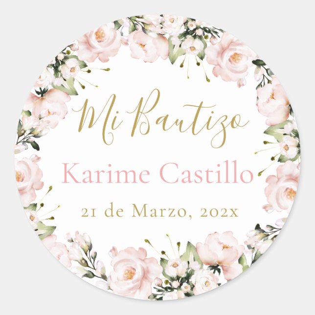 Sticker Rond Mi Bautizo rose floral (Devant)