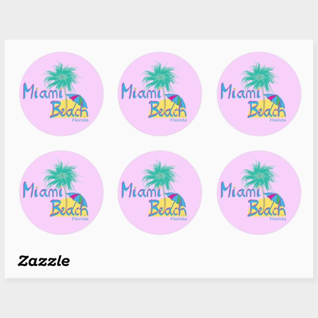 Sticker Rond Miami Beach, Floride Palm et Sun (Feuille)