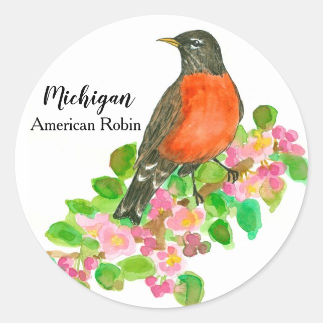 Sticker Rond Michigan Bird American Robin Blossoms (Devant)