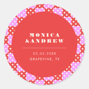 Sticker Rond Mid Century Moderne Rétro Rouge et rose Géométriqu