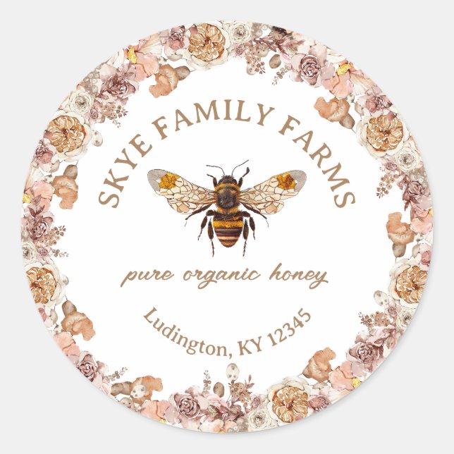 Sticker Rond Miel Biologique Floral Aquarelle d'Abeille (Devant)