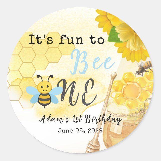 Sticker Rond Miel doux Bleu Jaune Abeille Vert 1er Anniversaire (Devant)