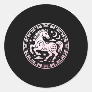 Sticker Rond Mignon 2026 Année du Cheval Lunaire Fille Zodiaque