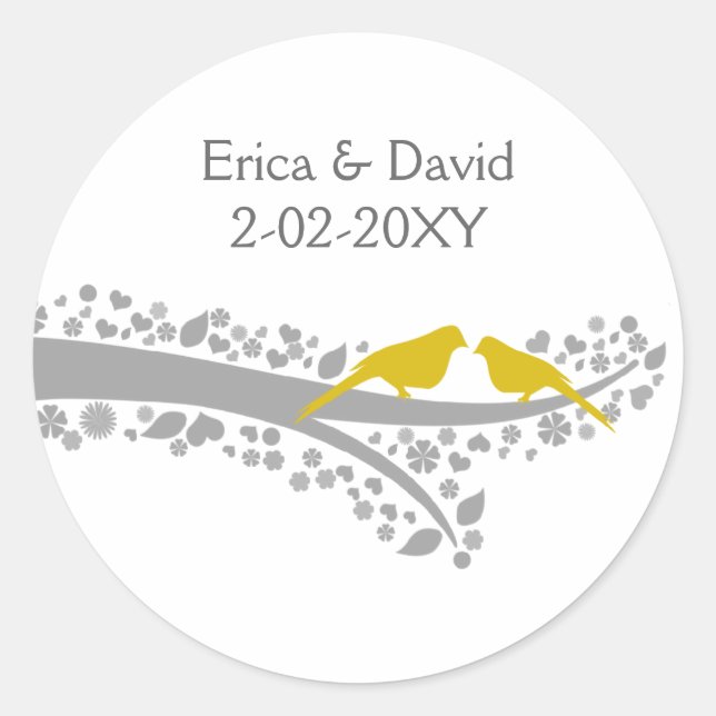 Sticker Rond mignon arbre jaune lovebirds mariage faveurs autoc (Devant)