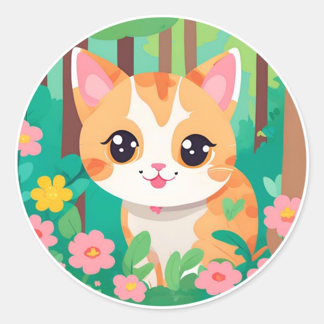 Sticker Rond mignon chat anime avec des fleurs (Devant)