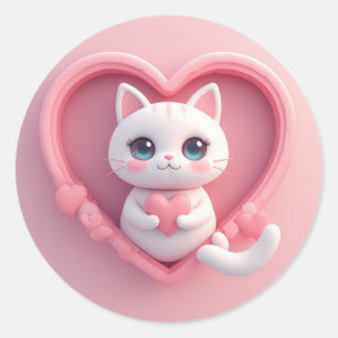 Sticker Rond Mignon Chat Blanc avec Design Kawaii Kitty Love