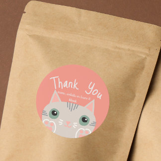 Sticker Rond Mignon Chat Gris Merci Petit Commerce