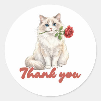 Sticker Rond Mignon Chat Ragdoll avec Rose Rouge Aquarelle Chat